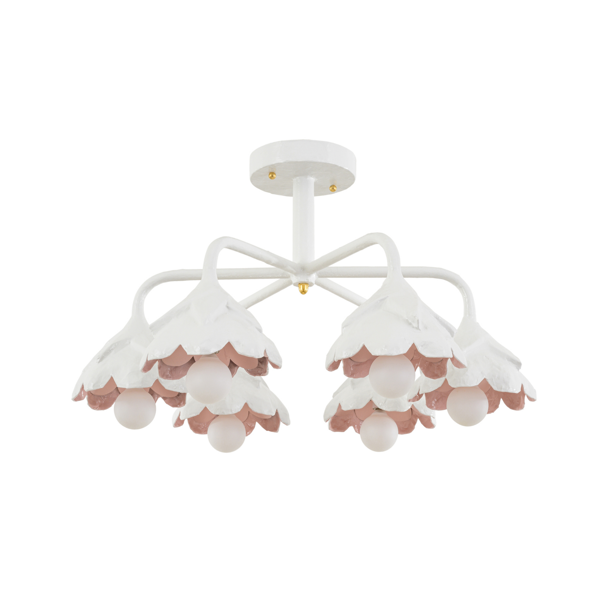 A white flush mount ceiling light fixture with a floral design, featuring pink inner cups and gold accents.