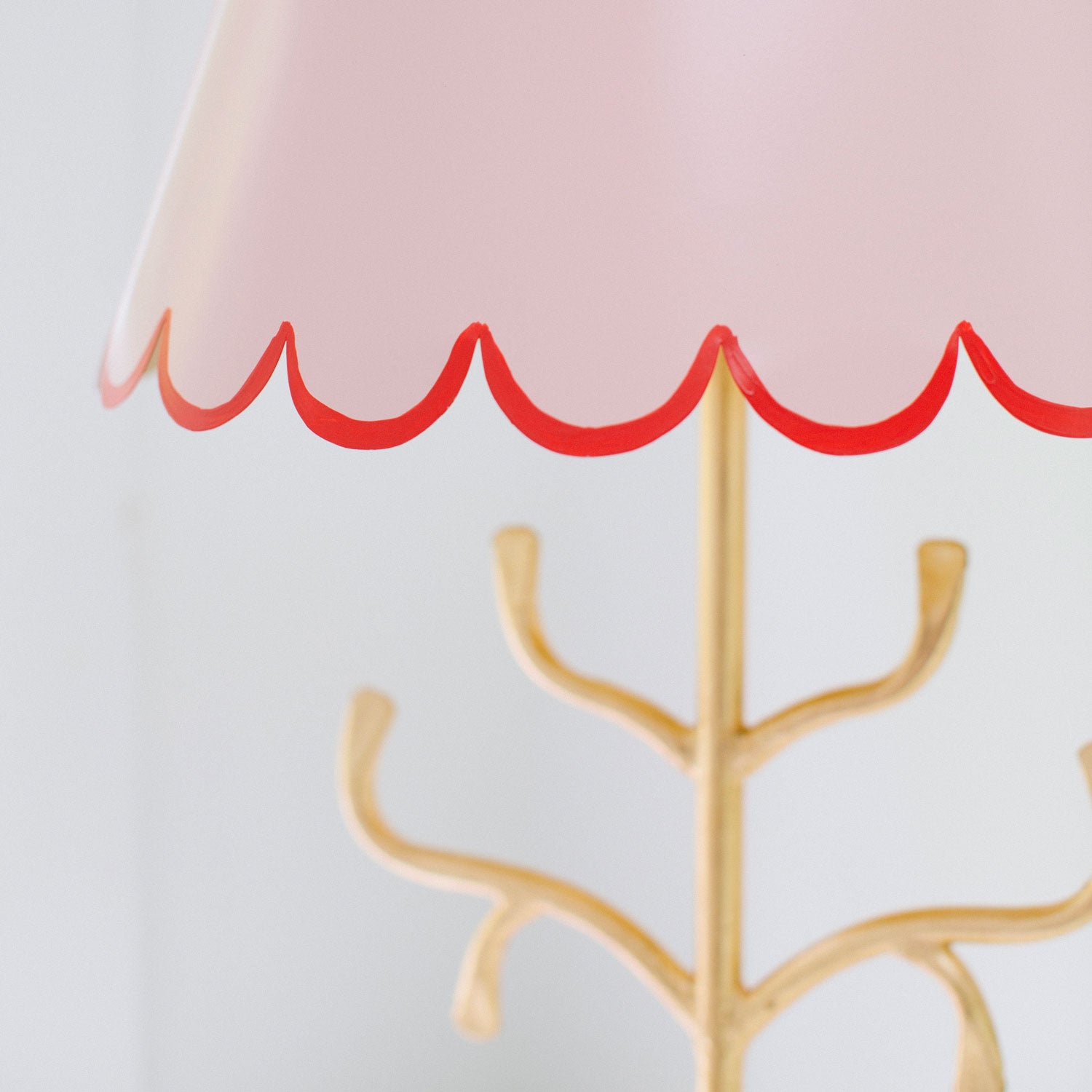 gold and pink tole lamp with red trim, Mrs English light by Stray Dog