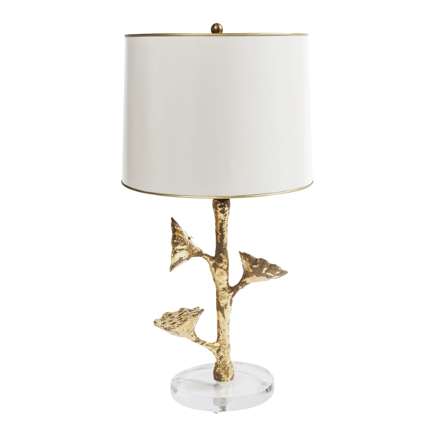 Lotus Pod Table Lamp, papier mache with gold leaf and white metal shade