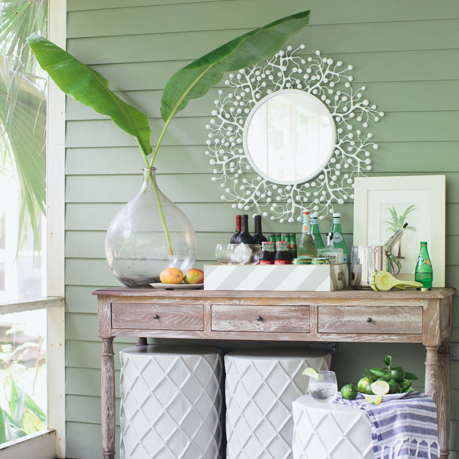 Sue Wright Mirror in beach house, white papier mache berry burst .