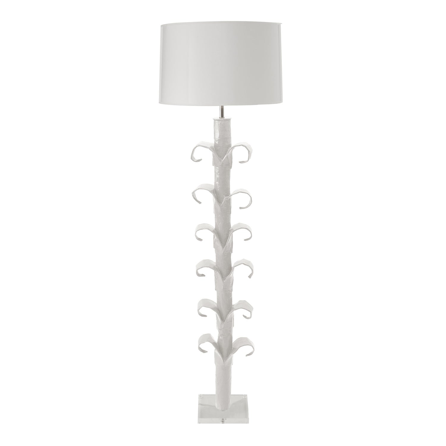 white aly floor lamp, papier mache stalk with leaves base