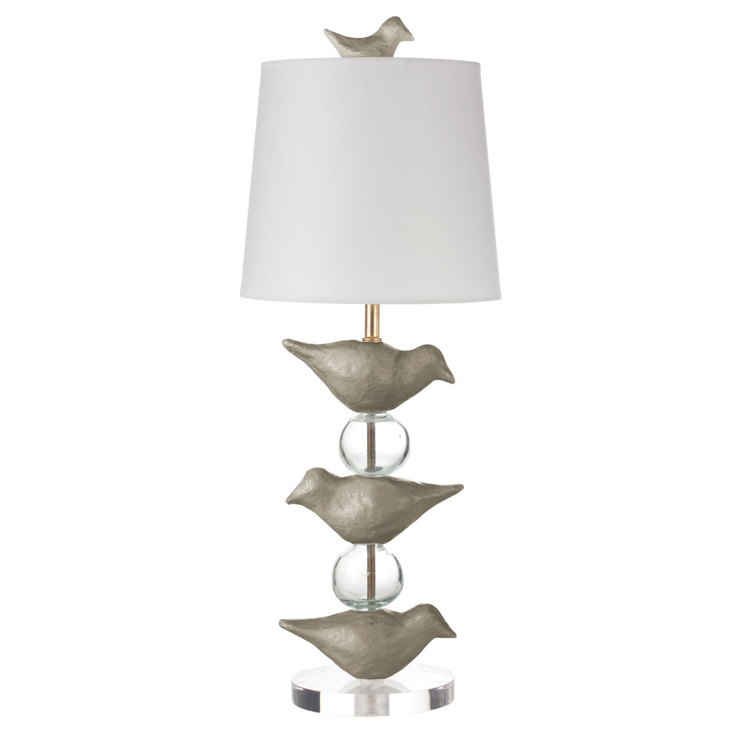 Gray Robin Staak table lamp with stacked papier mache birds and balls