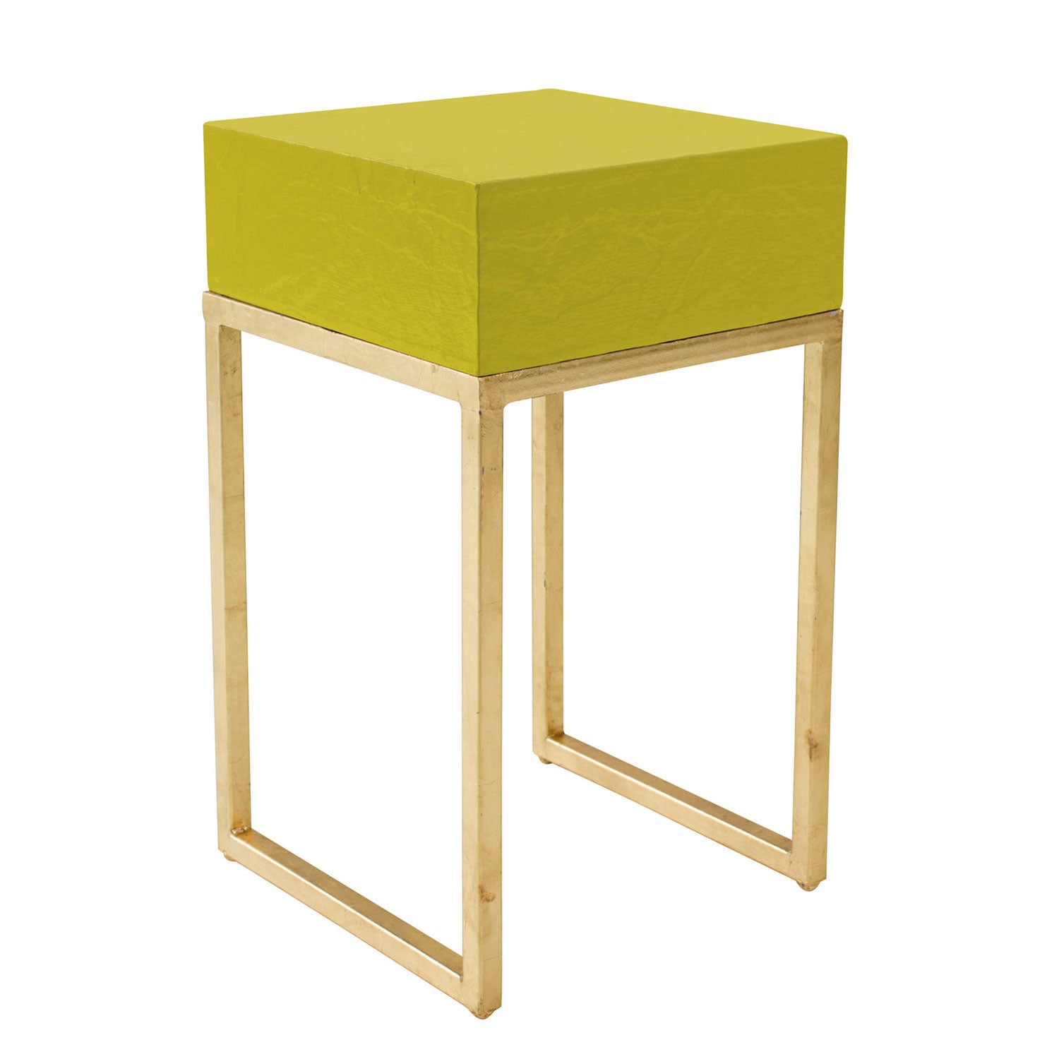 punchy side table in chartreuse and gold hand crafted